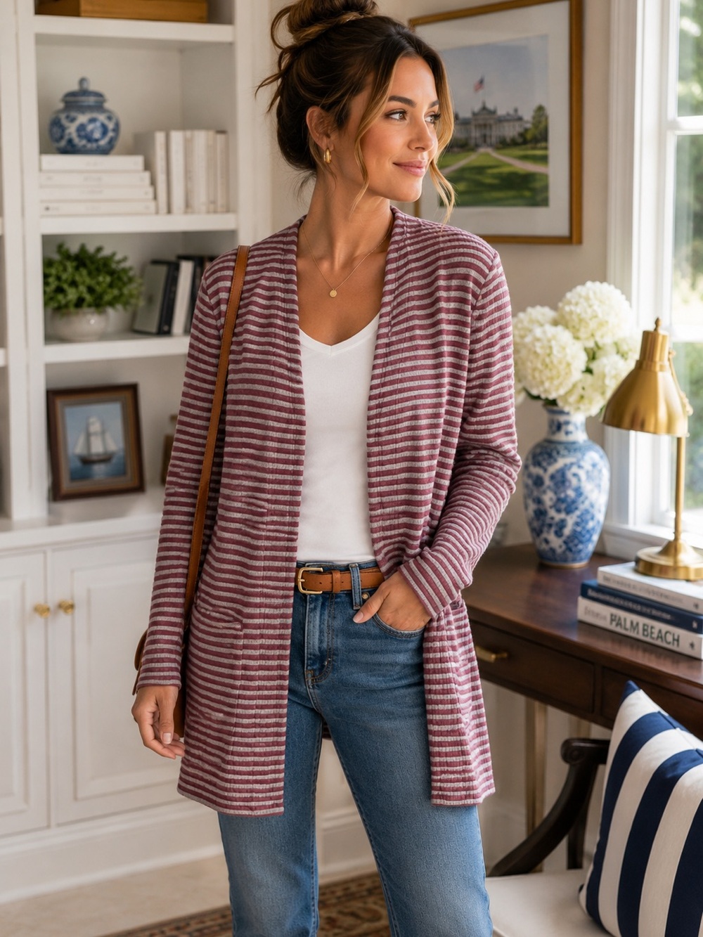 Christopher & Banks Open Front Cardigan Womens M Petite Maroon Striped Classic